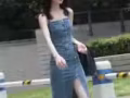 潮！！修身牛仔背帶開叉裙