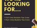 泡泡奶茶店直招全職和兼職（服務員）*SGD1800* *兩天休* *謝絕中介*